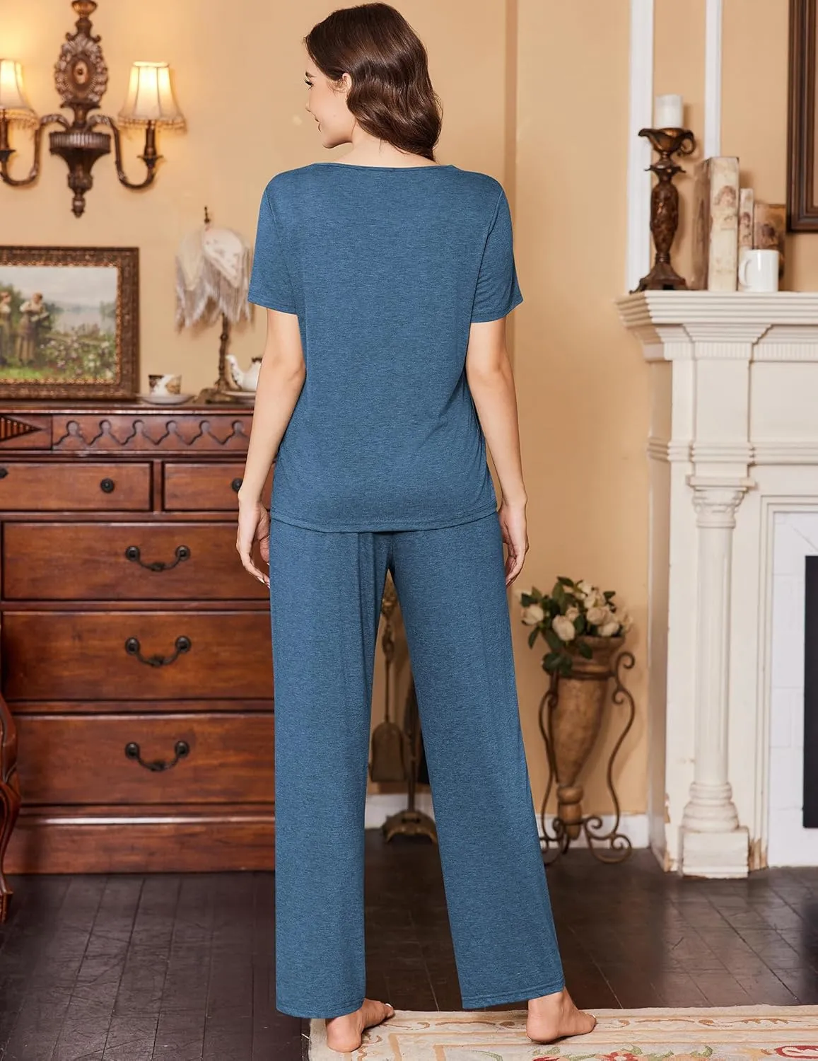 Ekouaer Women's Pajamas Set Soft 2 Piece Lounge Sets V-neck Sleepwear Short Sleeve Top Pants with Pockets