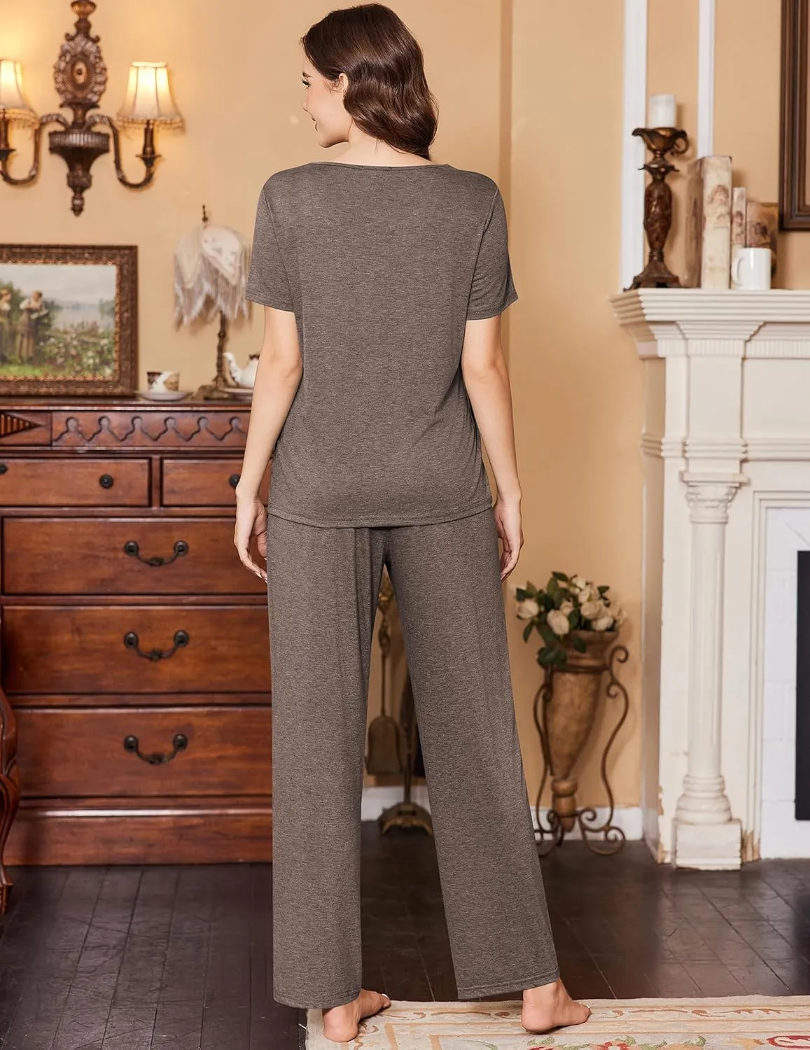 Ekouaer Women's Pajamas Set Soft 2 Piece Lounge Sets V-neck Sleepwear Short Sleeve Top Pants with Pockets