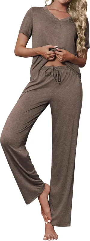 Ekouaer Women's Pajamas Set Soft 2 Piece Lounge Sets V-neck Sleepwear Short Sleeve Top Pants with Pockets