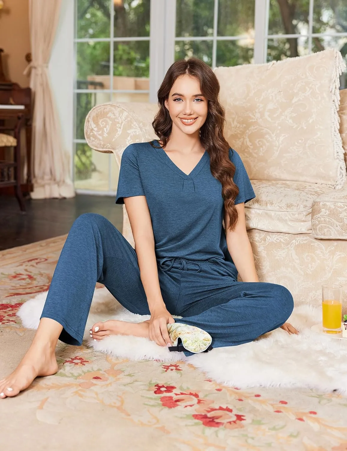 Ekouaer Women's Pajamas Set Soft 2 Piece Lounge Sets V-neck Sleepwear Short Sleeve Top Pants with Pockets