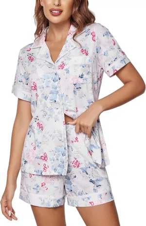 Ekouaer Women's Pajamas Sleepwear Shirt and Short Button-Down Pj Set Two Piece Sets White Flowers Large