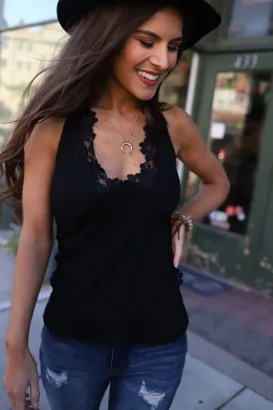 Elyse Lace Trim Halter Tank Top- Black