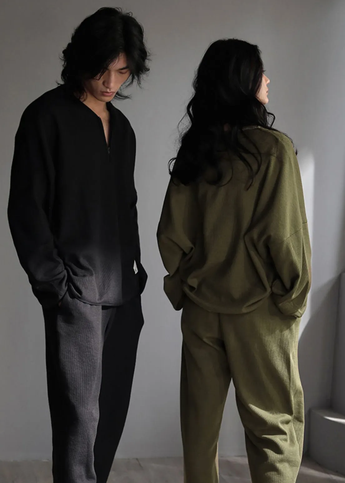 Fashion Green V Neck Zippered Solid Couple Pajamas Two Piece Set Spring LY2827