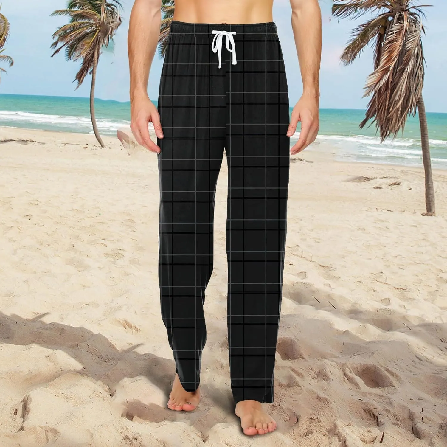 Fashion Plaid Pajama Pants For Mens Drawstring Lightweight Baggy Causal Straight Fit With Pockets Sport Soft Sleep Pants