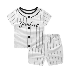 Fashion Stripe Letters Kids Boys Short Sleeve Top T-shirt Shorts Clothes Set