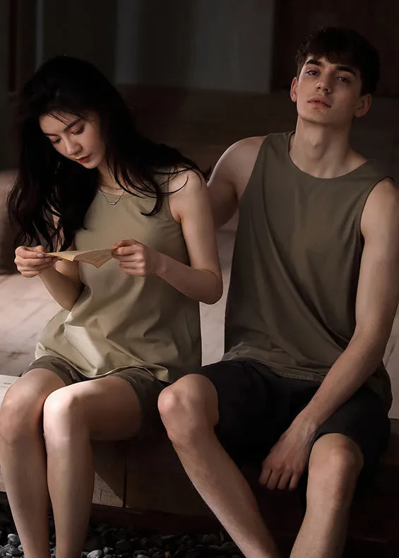 Fine Khaki O-Neck Cozy Cotton Couple Pajamas Two Pieces Set Summer LY1895
