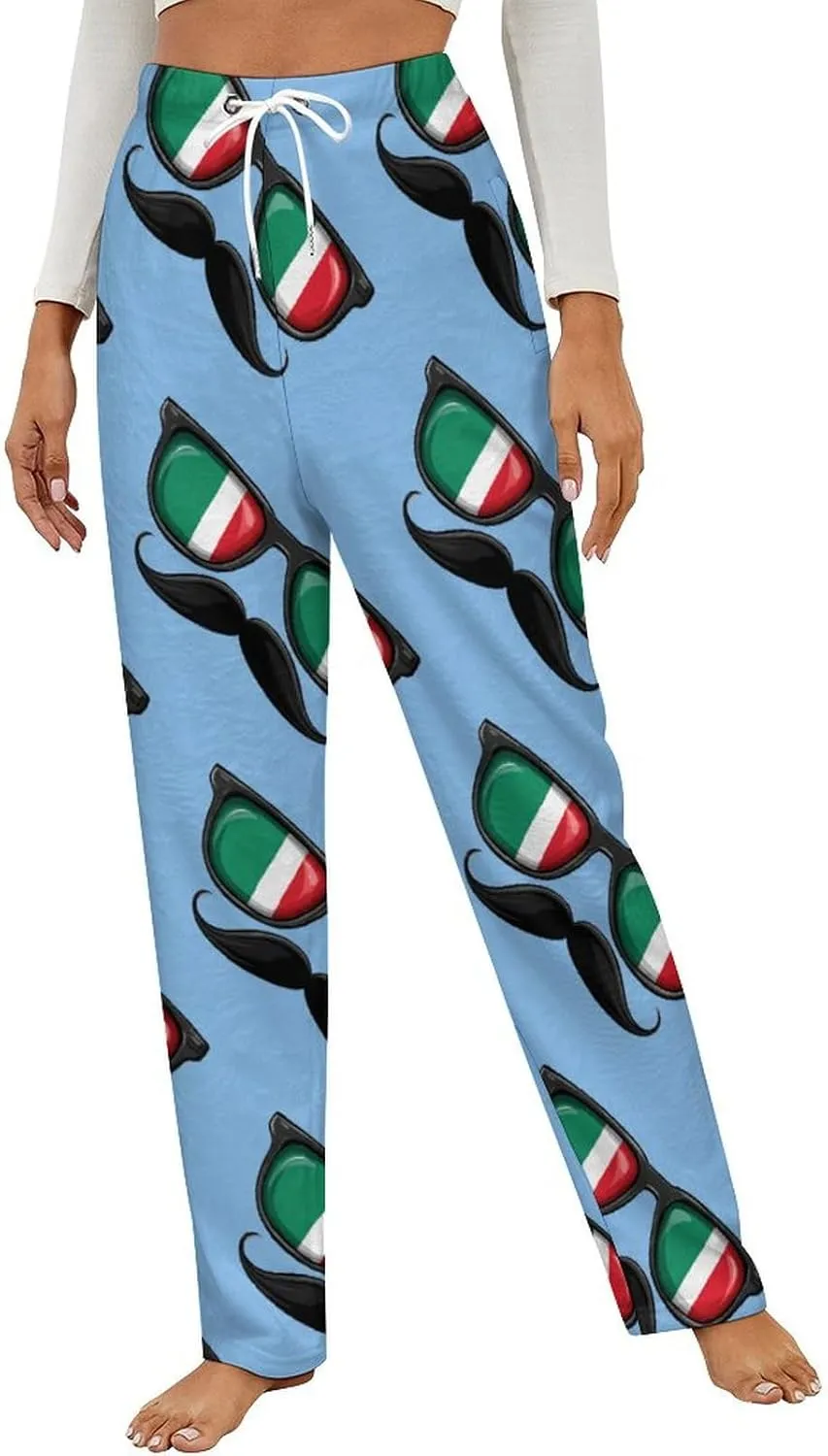 Flag Italy Glasses Mustache Women's Pajama Pants Fleece Warm Pj Bottoms Sleepwear Lounge Pants Loungewear