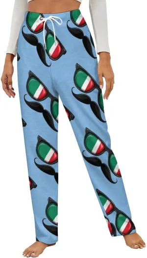 Flag Italy Glasses Mustache Women's Pajama Pants Fleece Warm Pj Bottoms Sleepwear Lounge Pants Loungewear