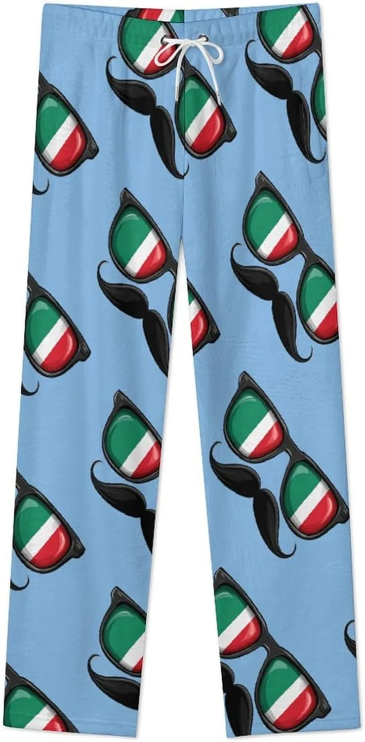 Flag Italy Glasses Mustache Women's Pajama Pants Fleece Warm Pj Bottoms Sleepwear Lounge Pants Loungewear