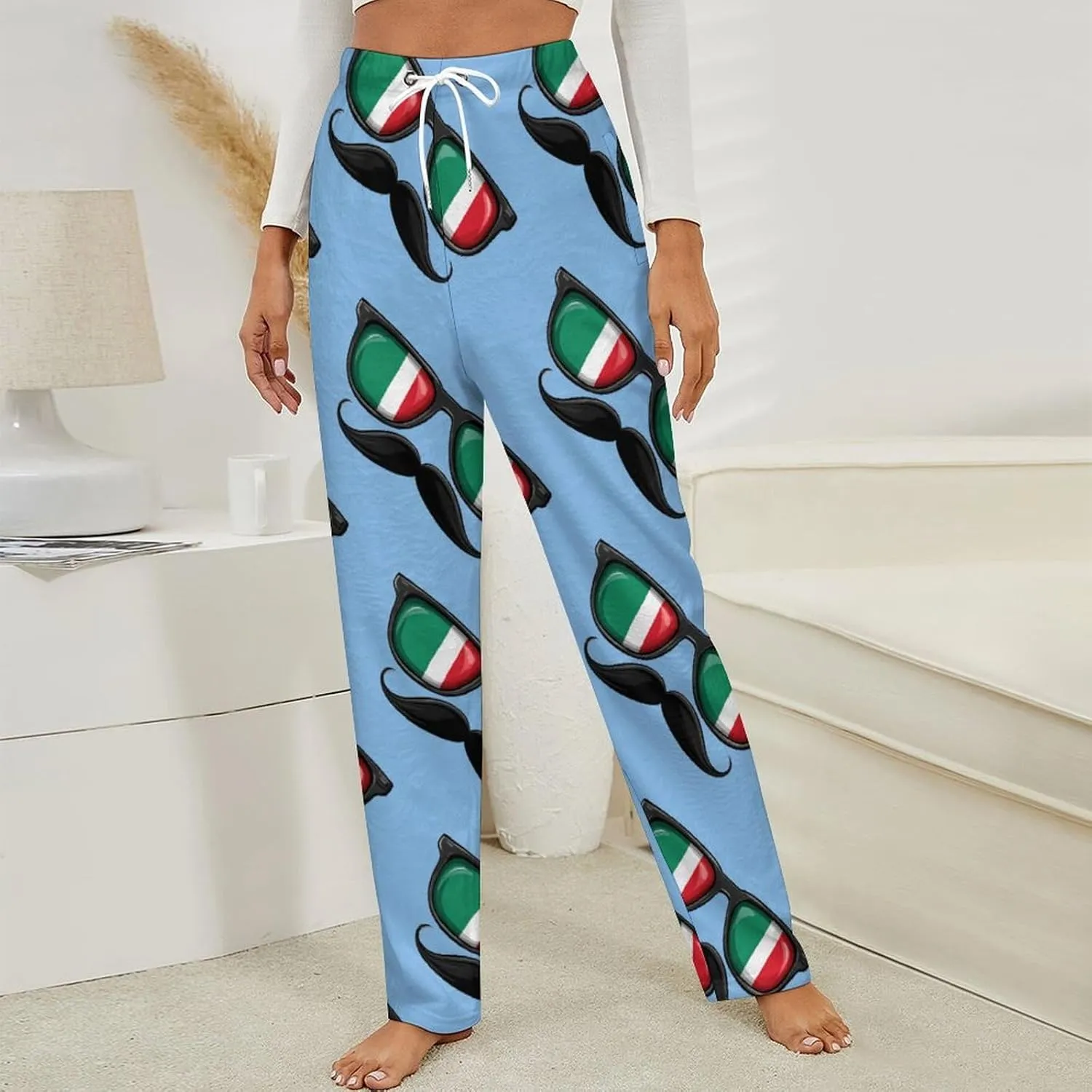 Flag Italy Glasses Mustache Women's Pajama Pants Fleece Warm Pj Bottoms Sleepwear Lounge Pants Loungewear