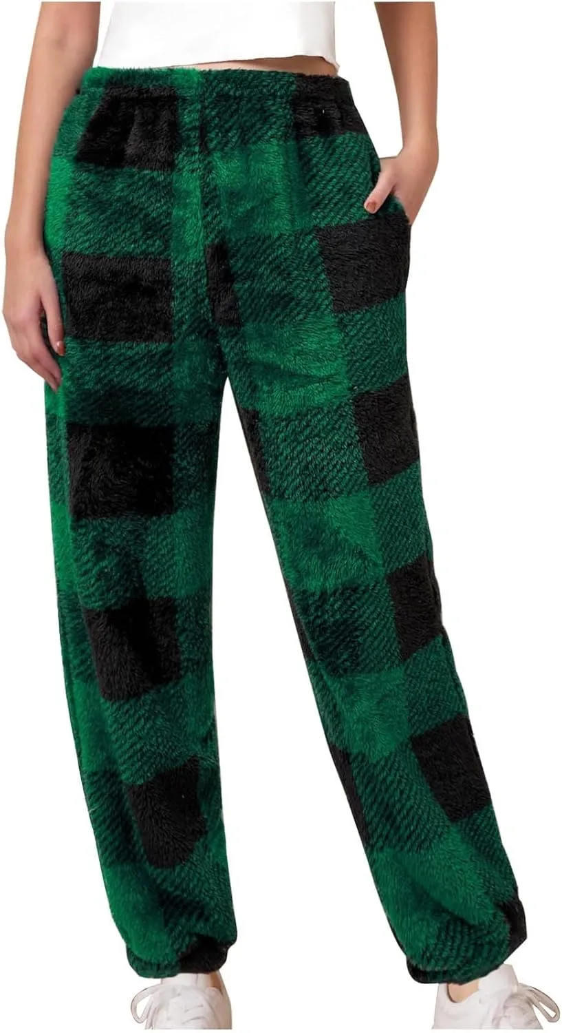 Flannel Pajamas Women Double-Sided Fleece Solid Color Plaid Pajama Pants Fuzzy Pajamas For Women Y2K Pants