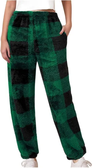 Flannel Pajamas Women Double-Sided Fleece Solid Color Plaid Pajama Pants Fuzzy Pajamas For Women Y2K Pants