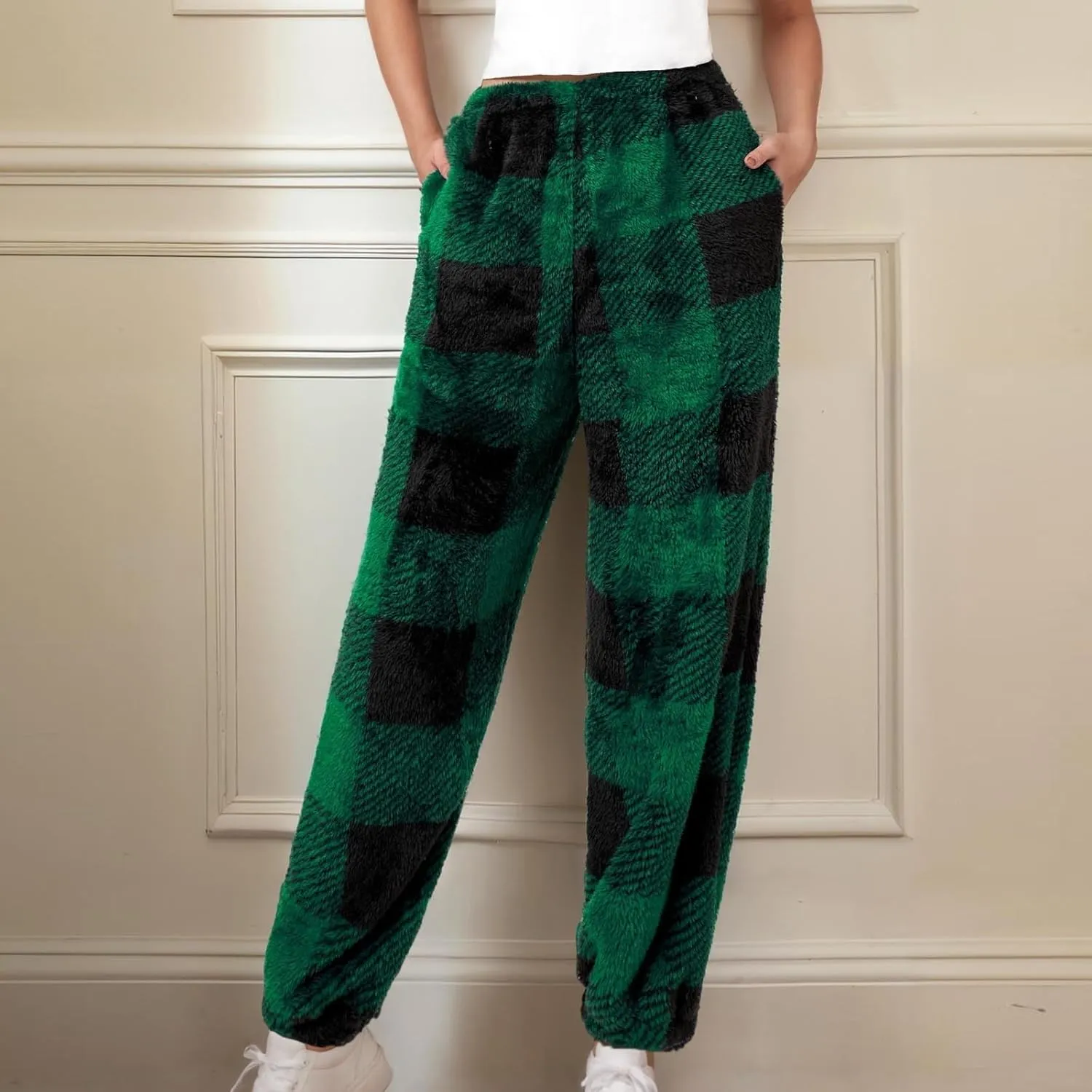 Flannel Pajamas Women Double-Sided Fleece Solid Color Plaid Pajama Pants Fuzzy Pajamas For Women Y2K Pants