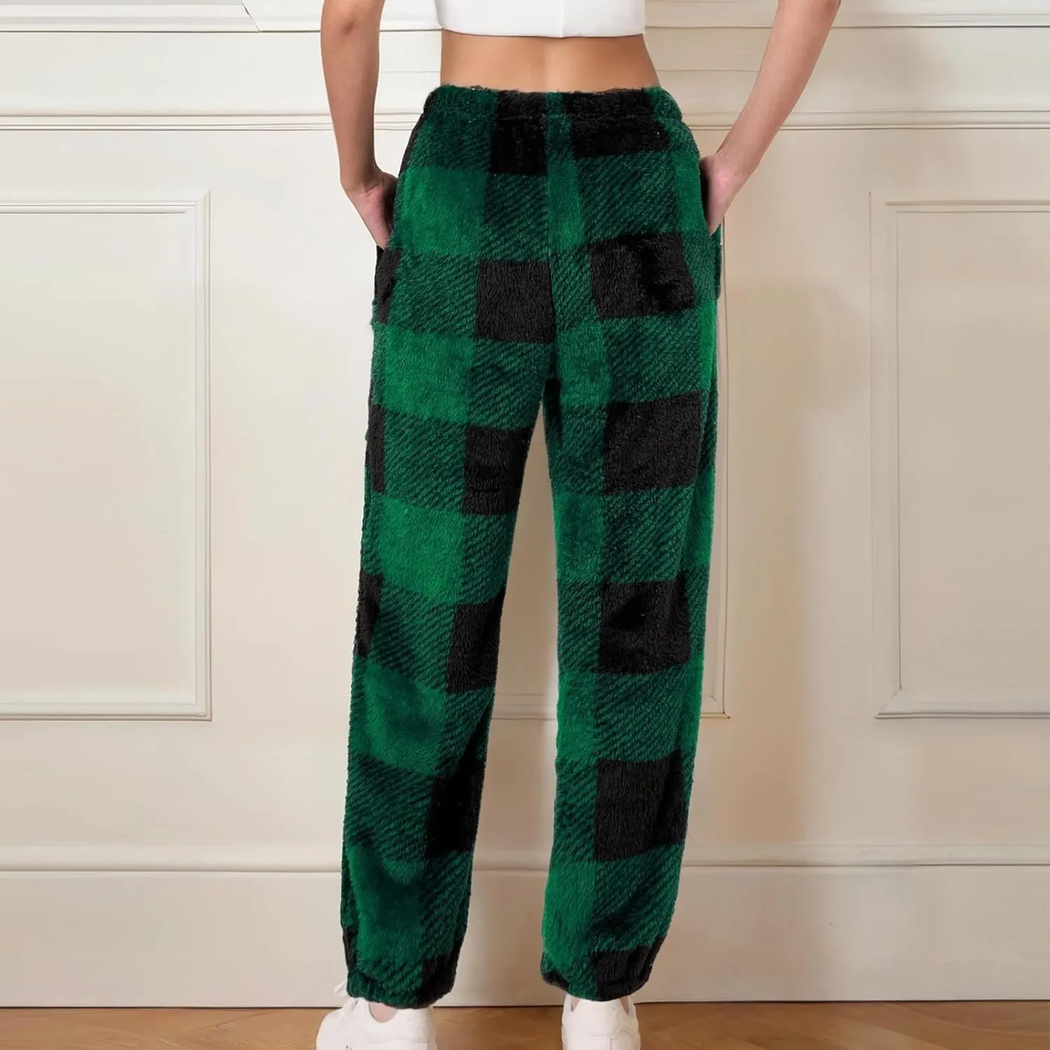 Flannel Pajamas Women Double-Sided Fleece Solid Color Plaid Pajama Pants Fuzzy Pajamas For Women Y2K Pants