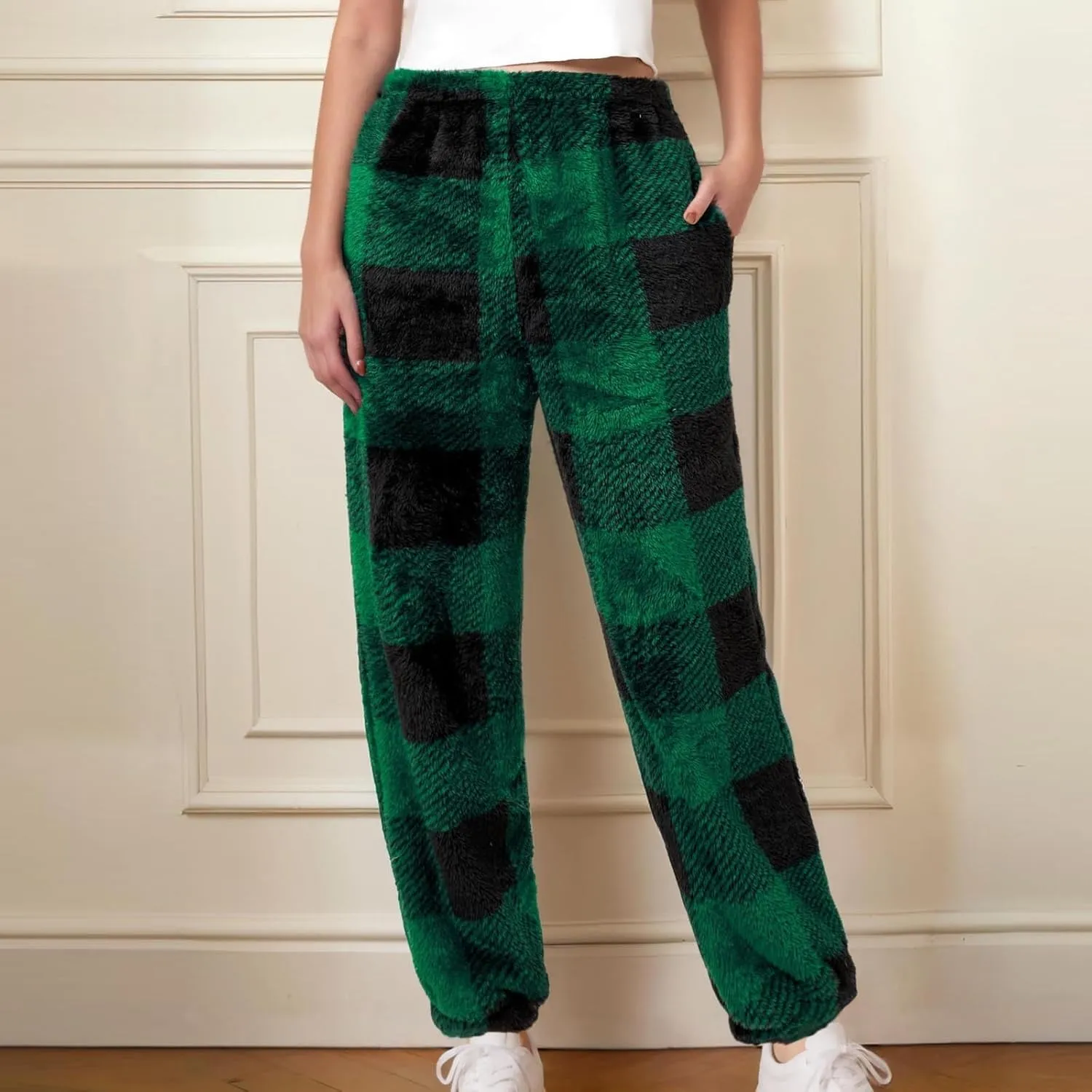 Flannel Pajamas Women Double-Sided Fleece Solid Color Plaid Pajama Pants Fuzzy Pajamas For Women Y2K Pants