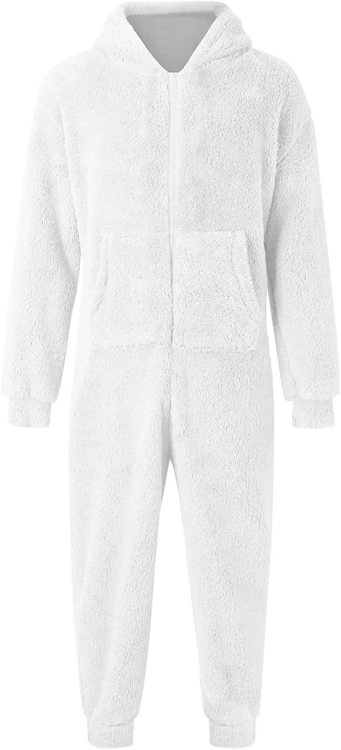 Fleece Jumpsuit Men Women Couple One Piece Pajamas Sherpa Hooded Lounger Thermal Winter Pants Casual Lounge Sets Pjs