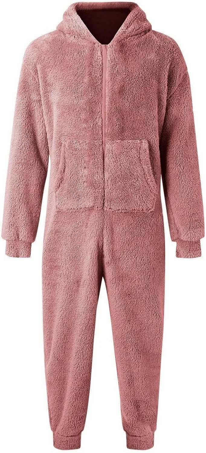 Fleece Jumpsuit Men Women Couple One Piece Pajamas Sherpa Hooded Lounger Thermal Winter Pants Casual Lounge Sets Pjs