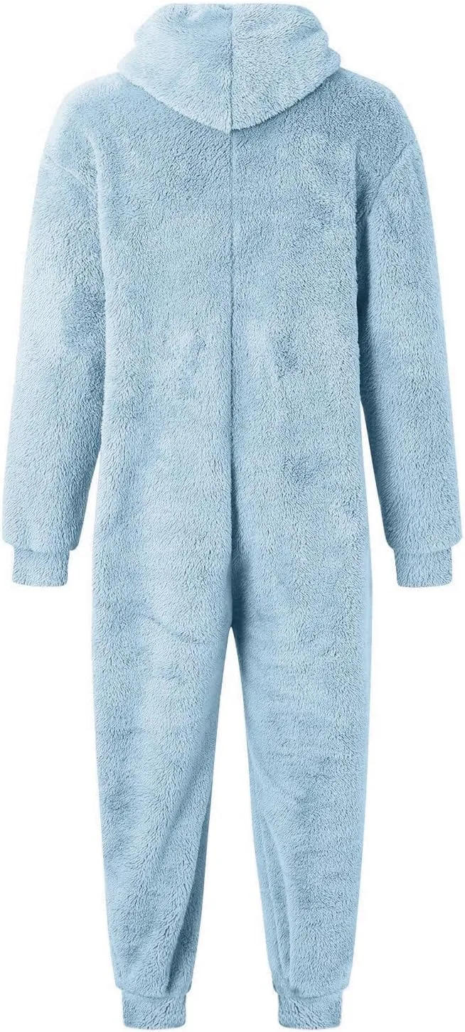 Fleece Jumpsuit Men Women Couple One Piece Pajamas Sherpa Hooded Lounger Thermal Winter Pants Casual Lounge Sets Pjs