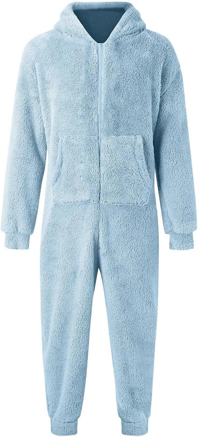 Fleece Jumpsuit Men Women Couple One Piece Pajamas Sherpa Hooded Lounger Thermal Winter Pants Casual Lounge Sets Pjs