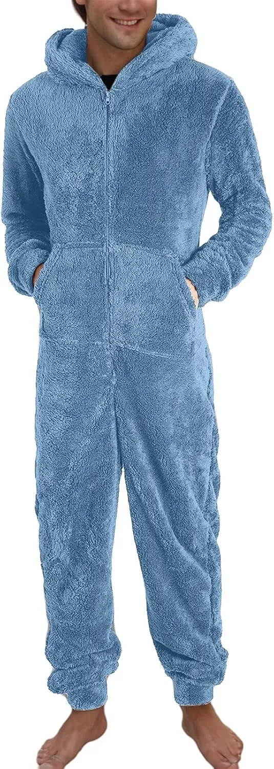 Fleece Jumpsuit Men Women Couple One Piece Pajamas Sherpa Hooded Lounger Thermal Winter Pants Casual Lounge Sets Pjs