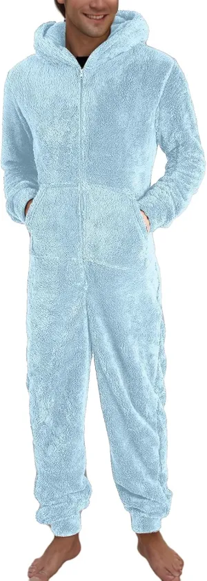 Fleece Jumpsuit Men Women Couple One Piece Pajamas Sherpa Hooded Lounger Thermal Winter Pants Casual Lounge Sets Pjs