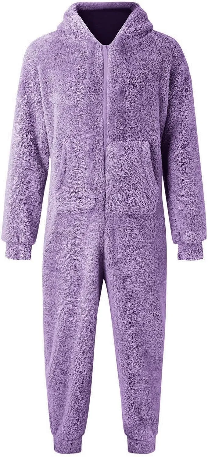 Fleece Jumpsuit Men Women Couple One Piece Pajamas Sherpa Hooded Lounger Thermal Winter Pants Casual Lounge Sets Pjs