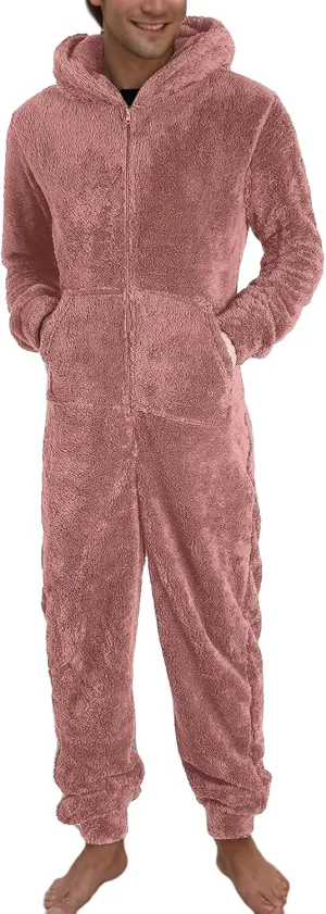 Fleece Jumpsuit Men Women Couple One Piece Pajamas Sherpa Hooded Lounger Thermal Winter Pants Casual Lounge Sets Pjs
