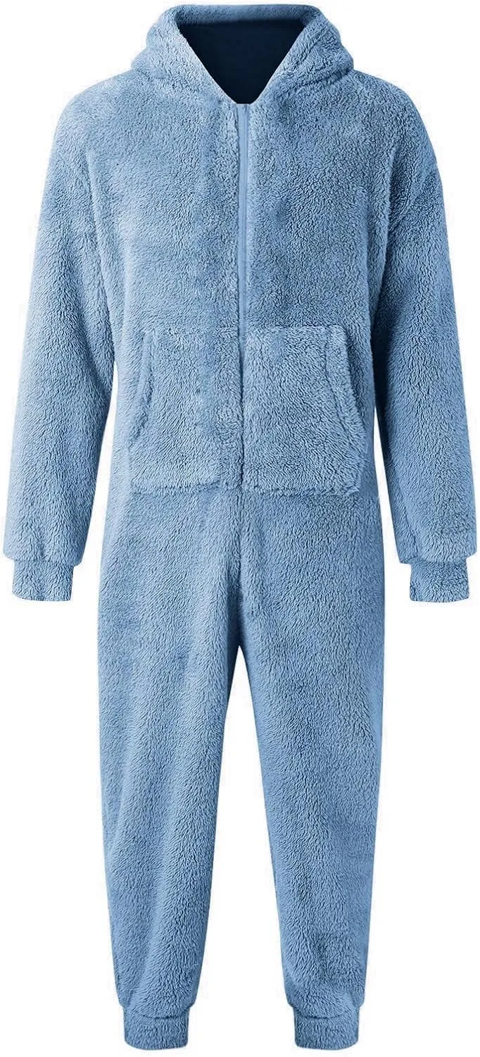 Fleece Jumpsuit Men Women Couple One Piece Pajamas Sherpa Hooded Lounger Thermal Winter Pants Casual Lounge Sets Pjs