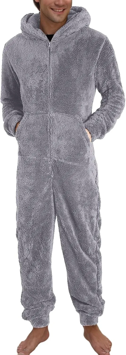 Fleece Jumpsuit Men Women Couple One Piece Pajamas Sherpa Hooded Lounger Thermal Winter Pants Casual Lounge Sets Pjs
