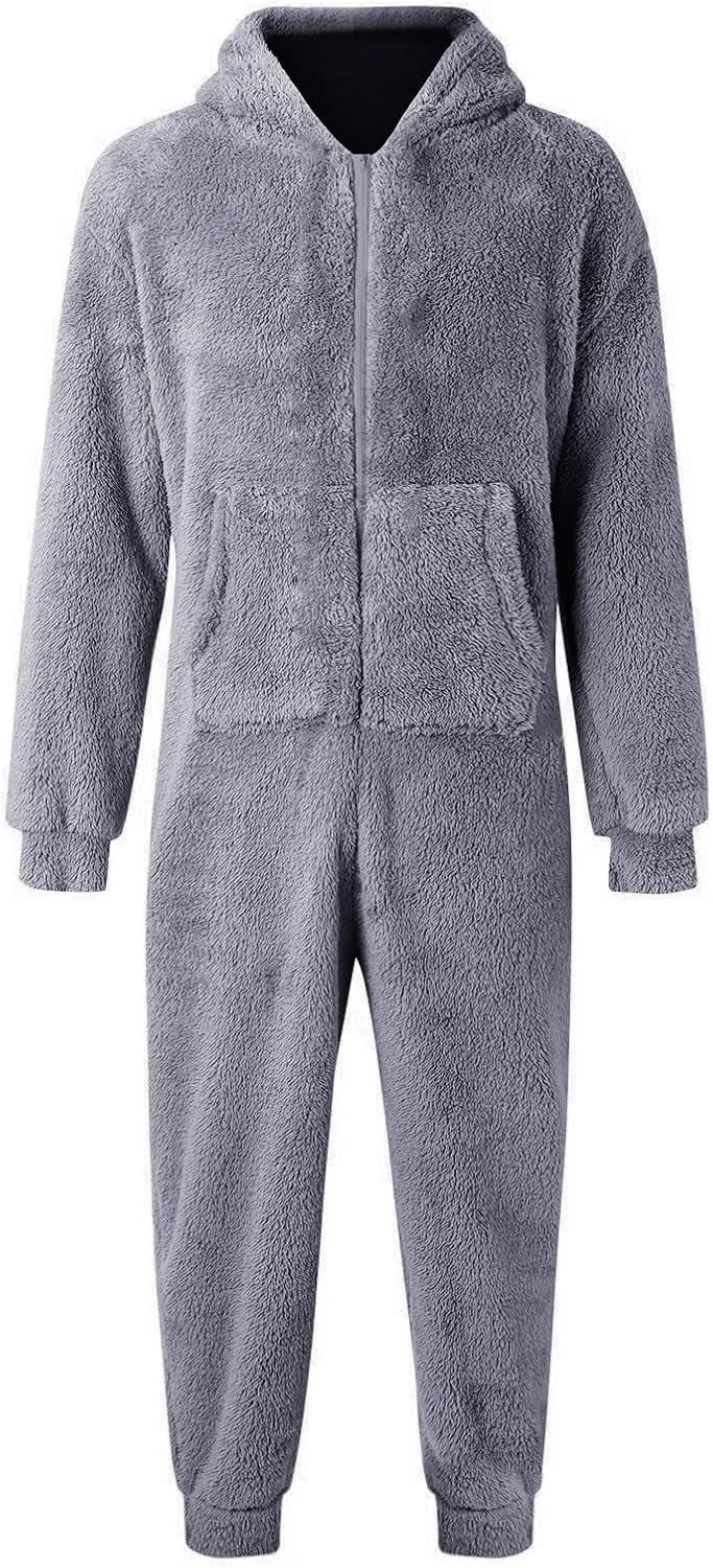 Fleece Jumpsuit Men Women Couple One Piece Pajamas Sherpa Hooded Lounger Thermal Winter Pants Casual Lounge Sets Pjs