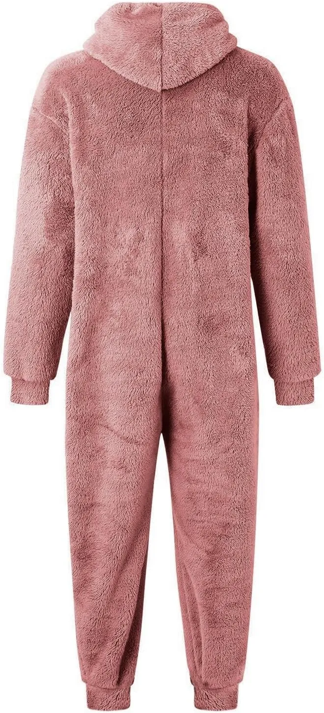 Fleece Jumpsuit Men Women Couple One Piece Pajamas Sherpa Hooded Lounger Thermal Winter Pants Casual Lounge Sets Pjs