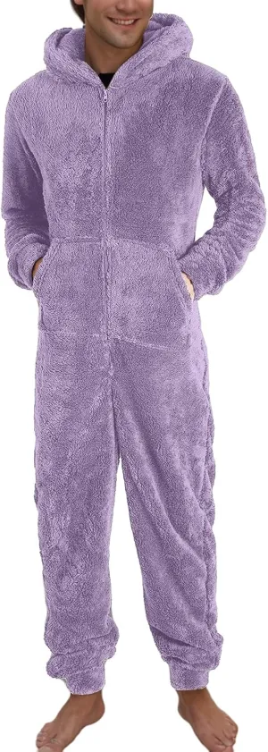 Fleece Jumpsuit Men Women Couple One Piece Pajamas Sherpa Hooded Lounger Thermal Winter Pants Casual Lounge Sets Pjs