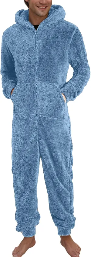 Fleece Jumpsuit Men Women Couple One Piece Pajamas Sherpa Hooded Lounger Thermal Winter Pants Casual Lounge Sets Pjs