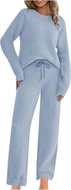 Fleece Pajamas Women 2 Piece Sets Crewneck Long Sleeve Tops Drawstring Pants Winter Casual Solid Color Home Outfits