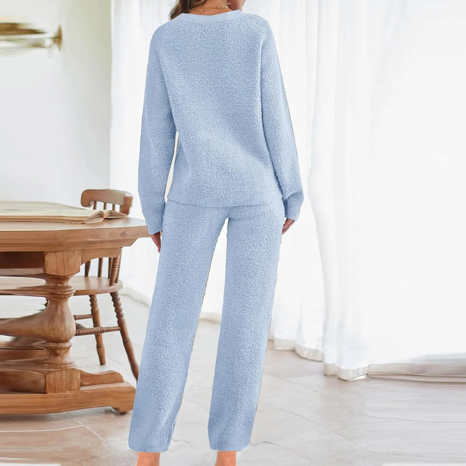 Fleece Pajamas Women 2 Piece Sets Crewneck Long Sleeve Tops Drawstring Pants Winter Casual Solid Color Home Outfits