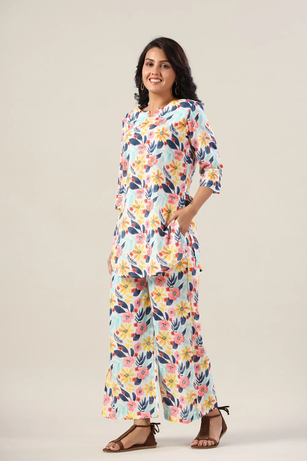 Flora On White Cotton Palazzo Loungewear Set