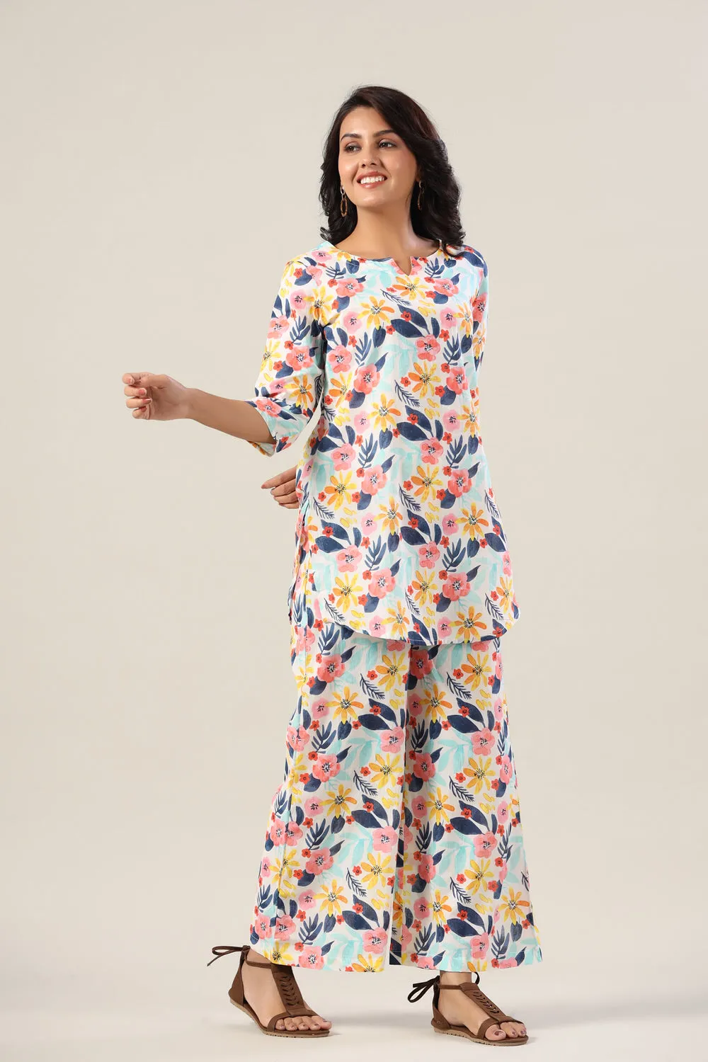 Flora On White Cotton Palazzo Loungewear Set