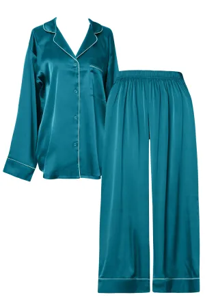 Floriana Teal Satin Long Sleeve Pajama Set
