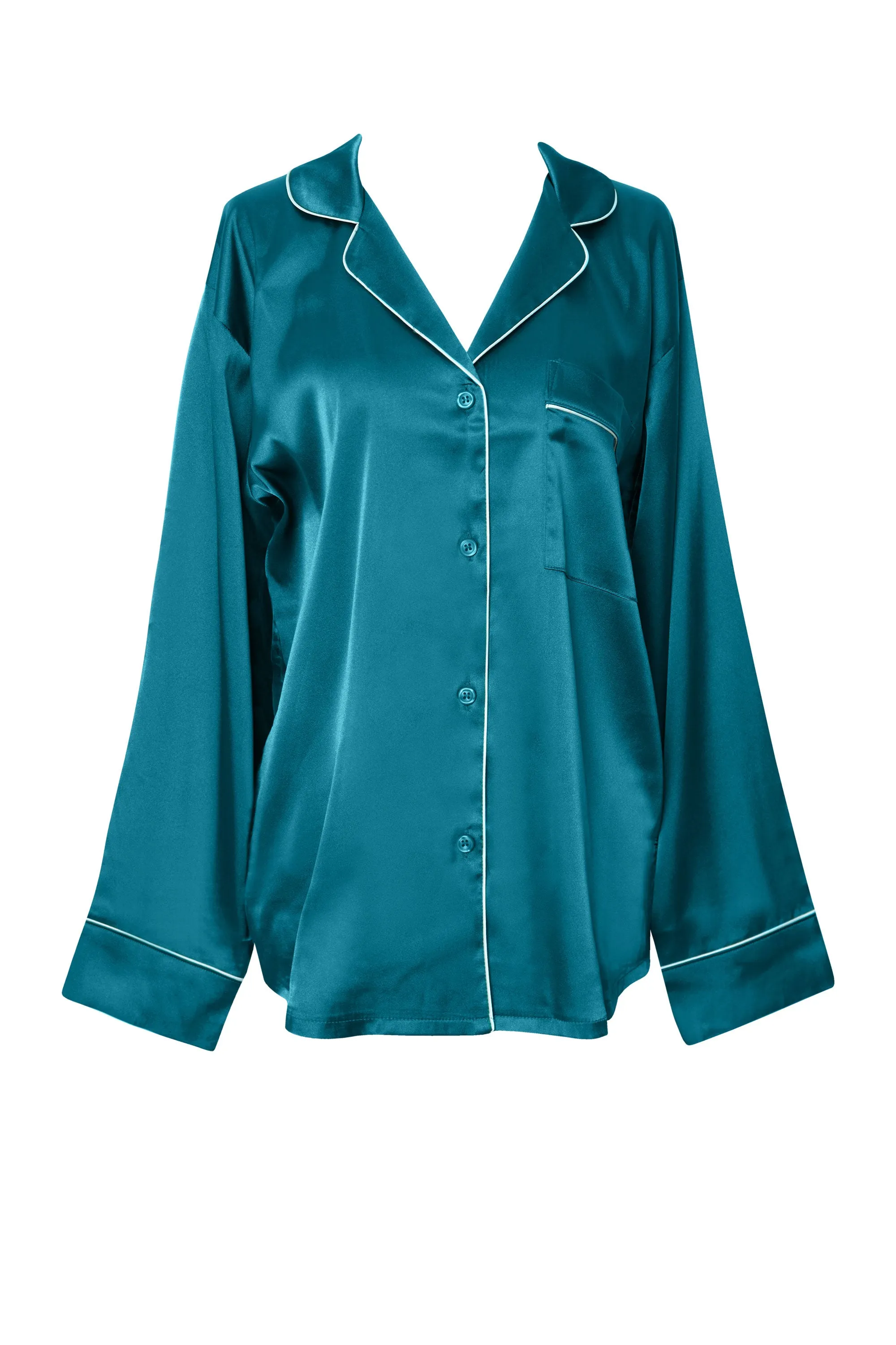 Floriana Teal Satin Long Sleeve Pajama Set