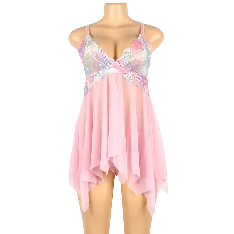 Flower Embroidery Women's Plus Size Pajama Dress