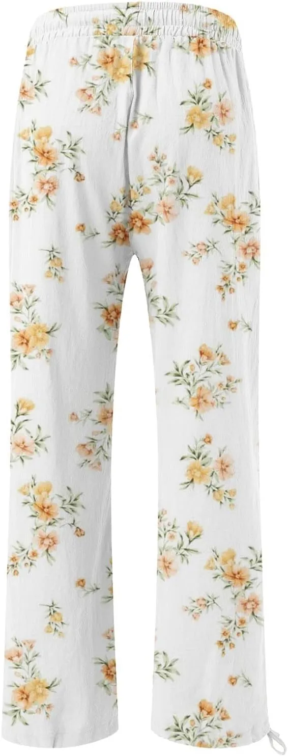 Flower Pants for Women Boho Floral Print Cotton Linen Pants Elastic Waisted Drawstring Summer Beach Baggy Trousers