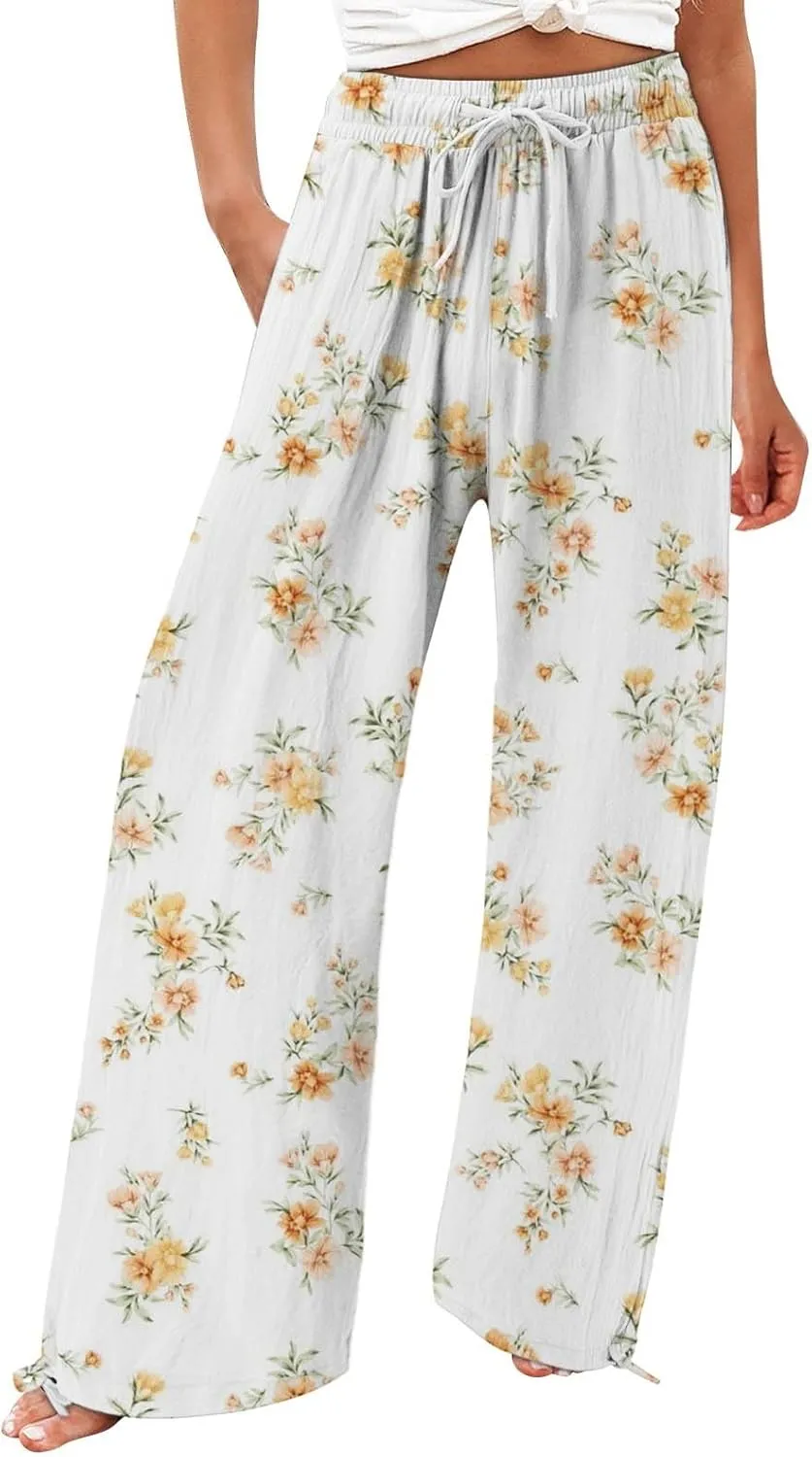 Flower Pants for Women Boho Floral Print Cotton Linen Pants Elastic Waisted Drawstring Summer Beach Baggy Trousers