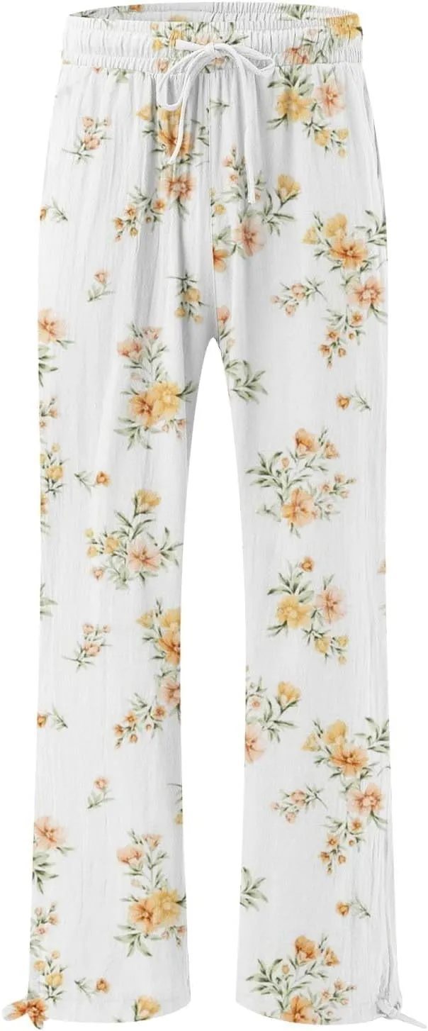 Flower Pants for Women Boho Floral Print Cotton Linen Pants Elastic Waisted Drawstring Summer Beach Baggy Trousers