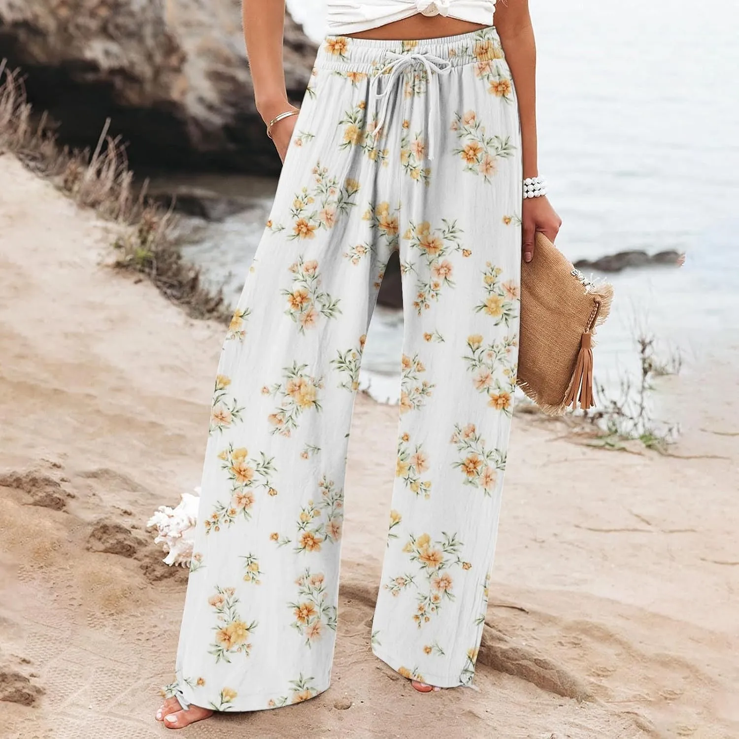 Flower Pants for Women Boho Floral Print Cotton Linen Pants Elastic Waisted Drawstring Summer Beach Baggy Trousers