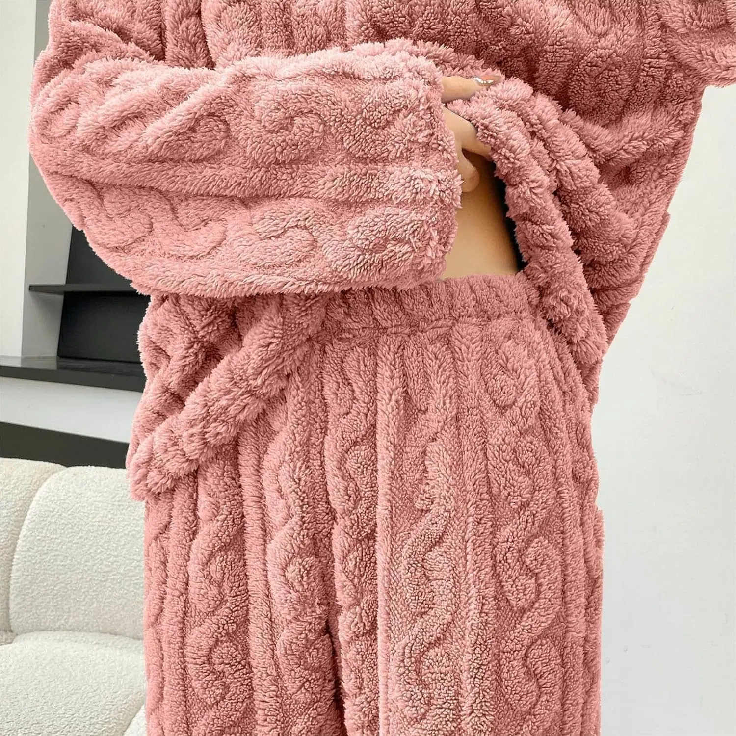 Fluffy Pajamas Set Women Soft Warm Sleepwear Lounge Set Flannel Plush 1/4 Zip Pullover Fuzzy Pant 2 Piece Pjs Sets