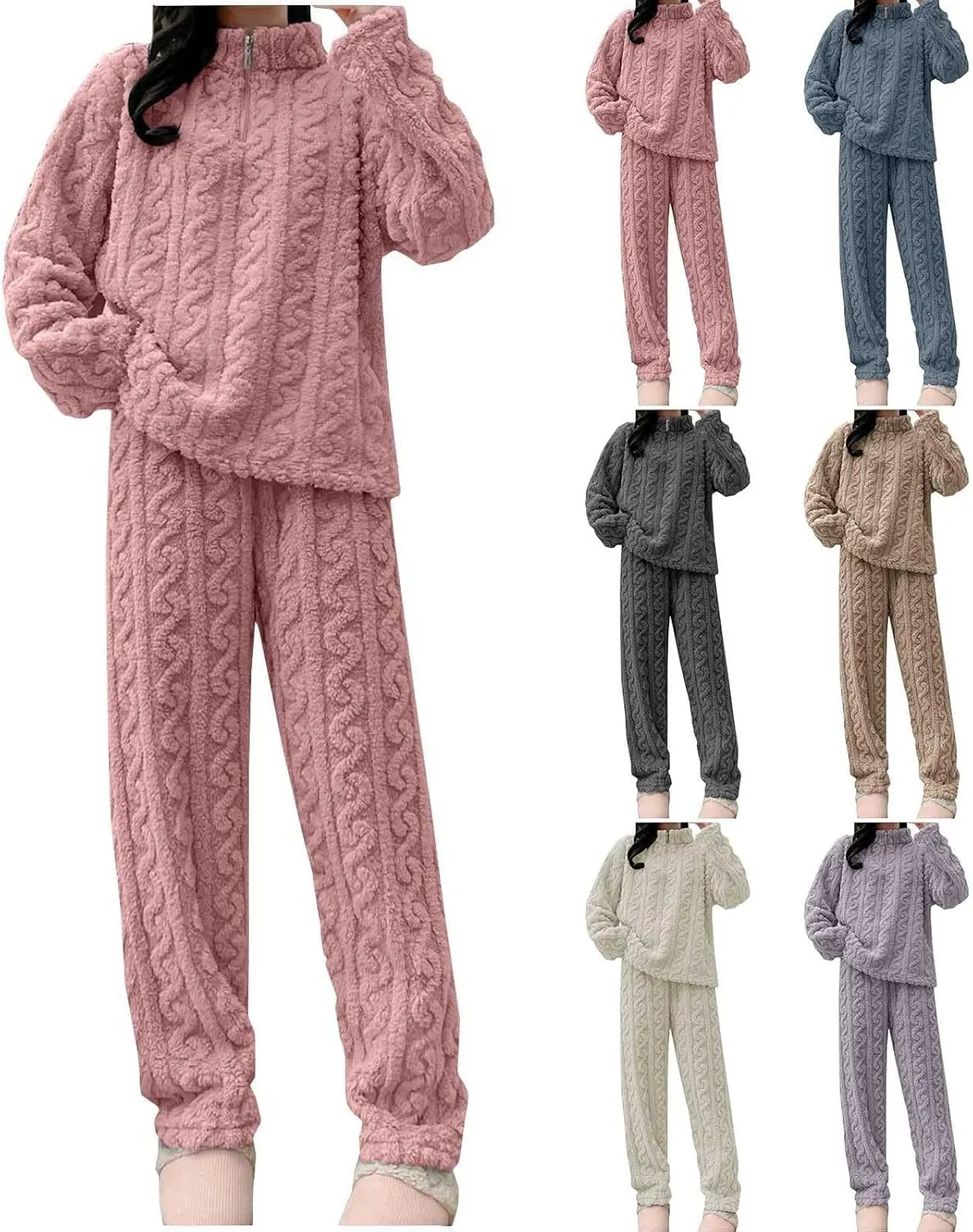 Fluffy Pajamas Set Women Soft Warm Sleepwear Lounge Set Flannel Plush 1/4 Zip Pullover Fuzzy Pant 2 Piece Pjs Sets