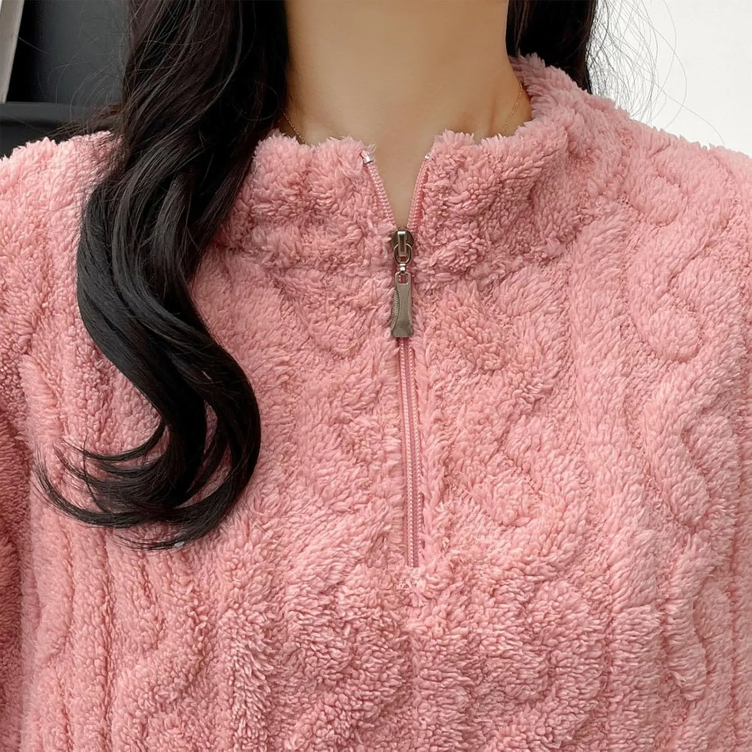 Fluffy Pajamas Set Women Soft Warm Sleepwear Lounge Set Flannel Plush 1/4 Zip Pullover Fuzzy Pant 2 Piece Pjs Sets