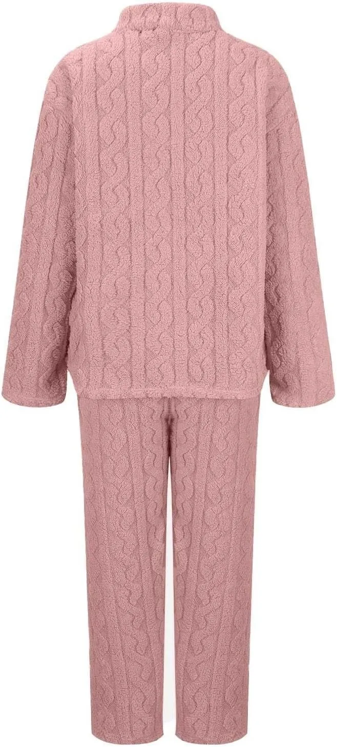 Fluffy Pajamas Set Women Soft Warm Sleepwear Lounge Set Flannel Plush 1/4 Zip Pullover Fuzzy Pant 2 Piece Pjs Sets