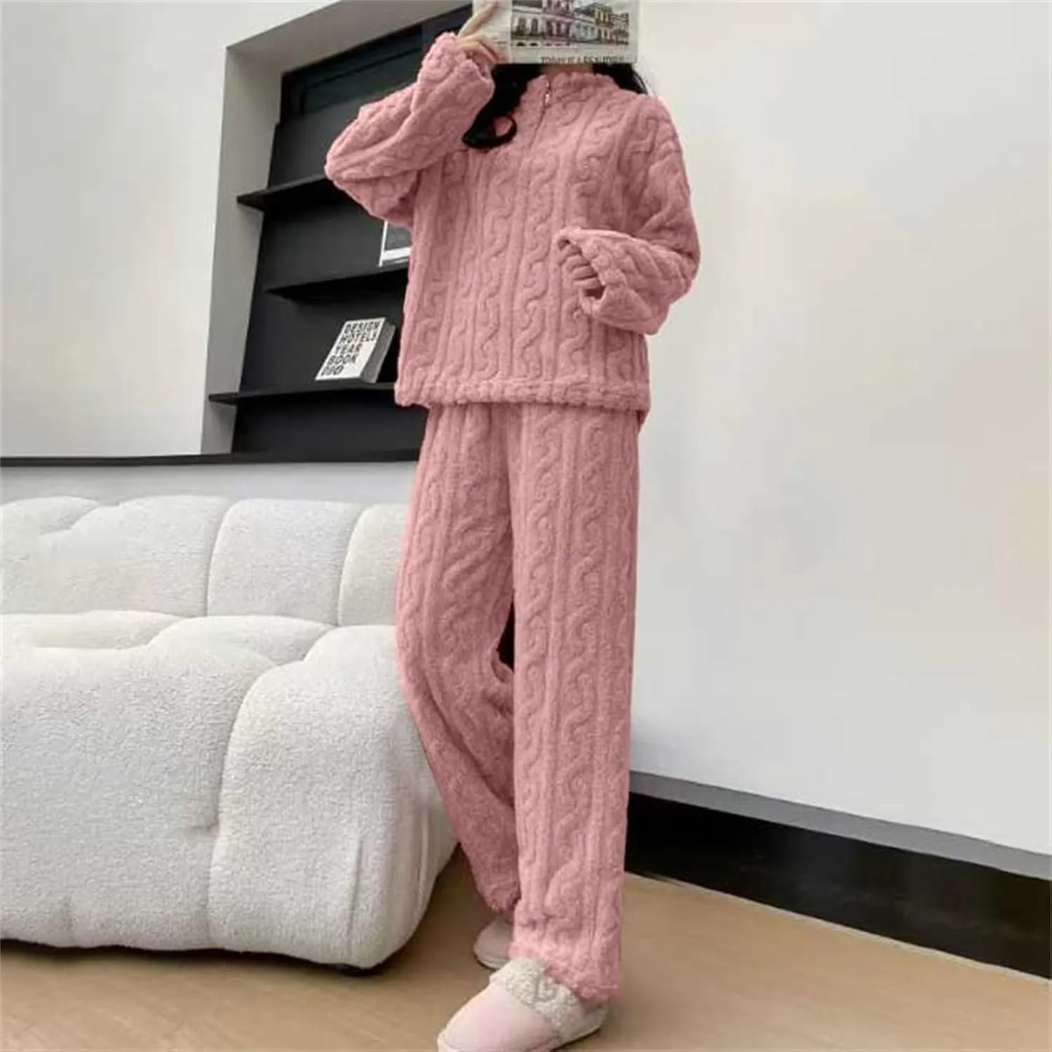 Fluffy Pajamas Set Women Soft Warm Sleepwear Lounge Set Flannel Plush 1/4 Zip Pullover Fuzzy Pant 2 Piece Pjs Sets