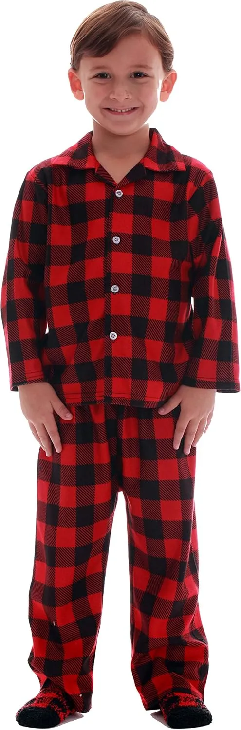 #followme Family Pajamas Buffalo Plaid Button-Front Microfleece Pajamas Set with Matching Socks